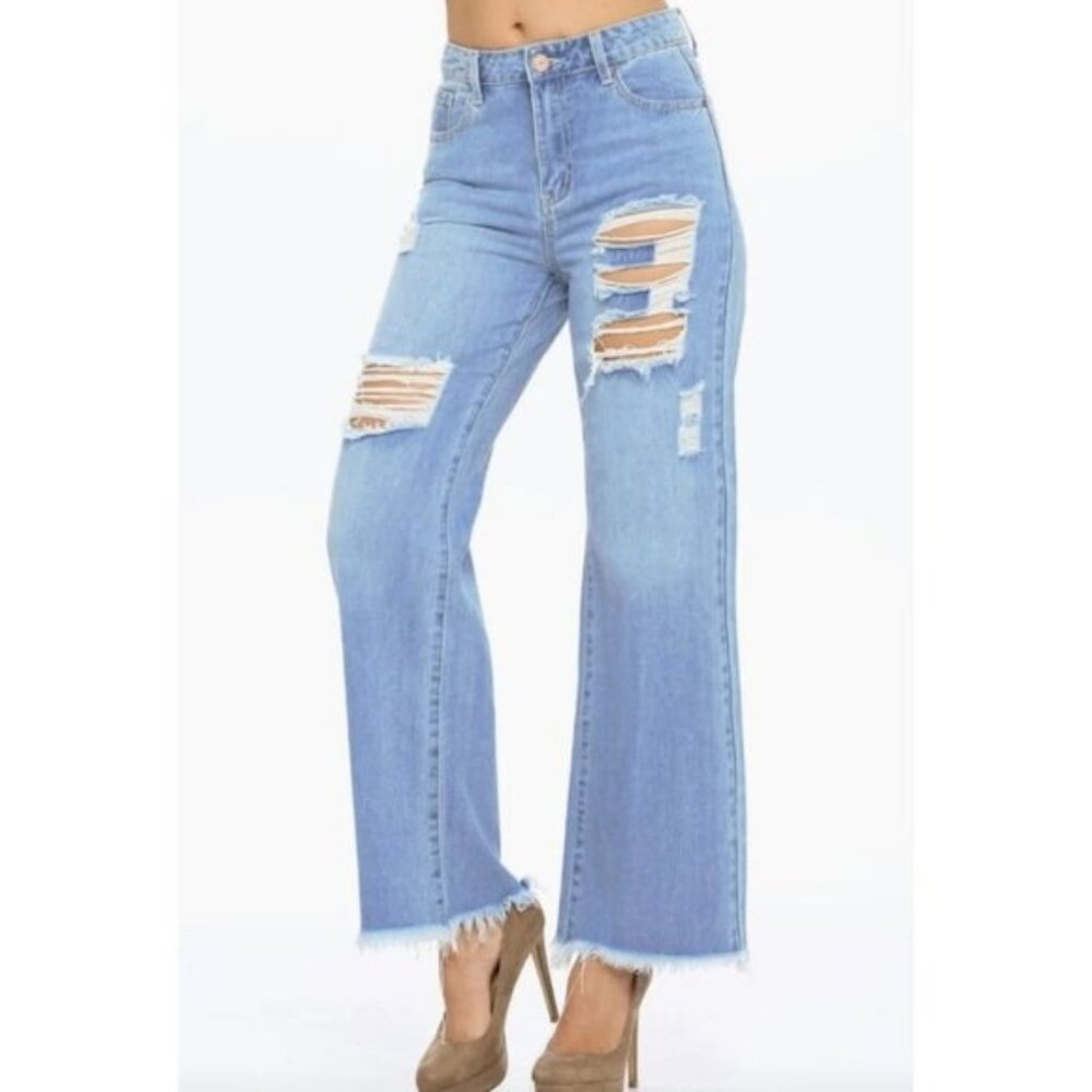 Denim Blvd Womens Jeans Size L‎ Wide Leg High Waist Distressed Ripped